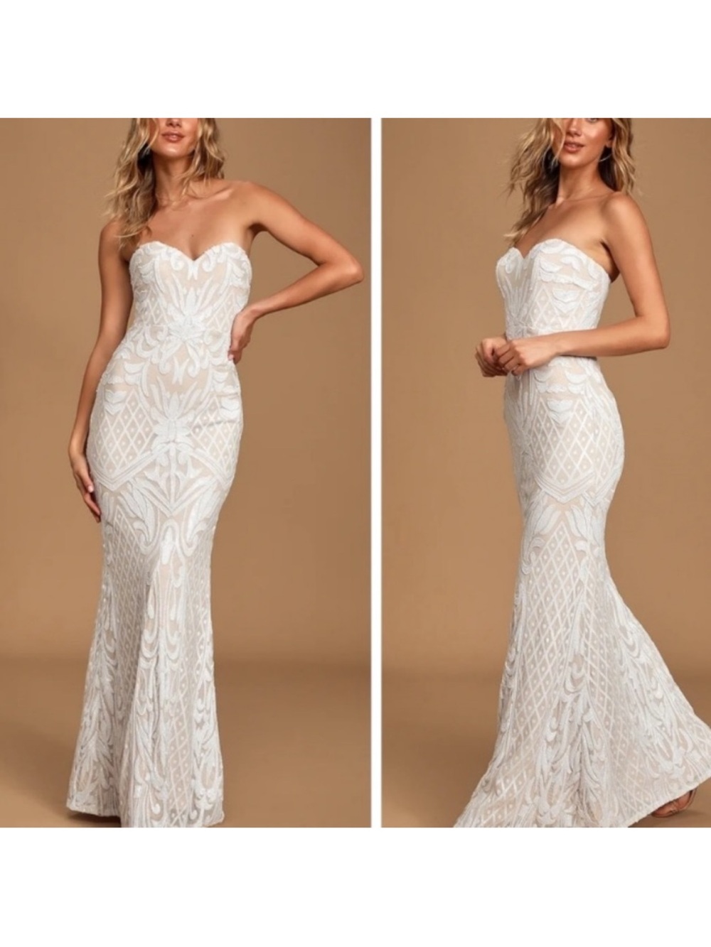 NWT Lulu's Olivia White Sequin Strapless Maxi Dress, Size M